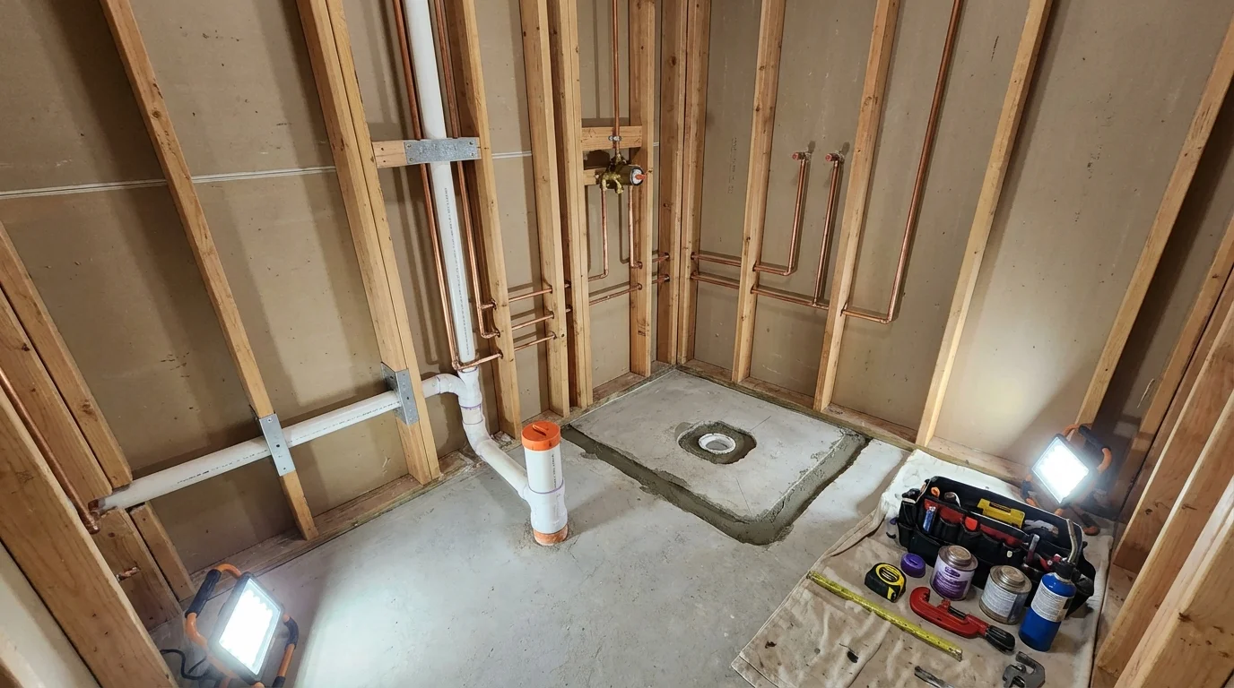 Bathroom rough-in plumbing during remodel by Johns Plumbing LLC in Flower Mound