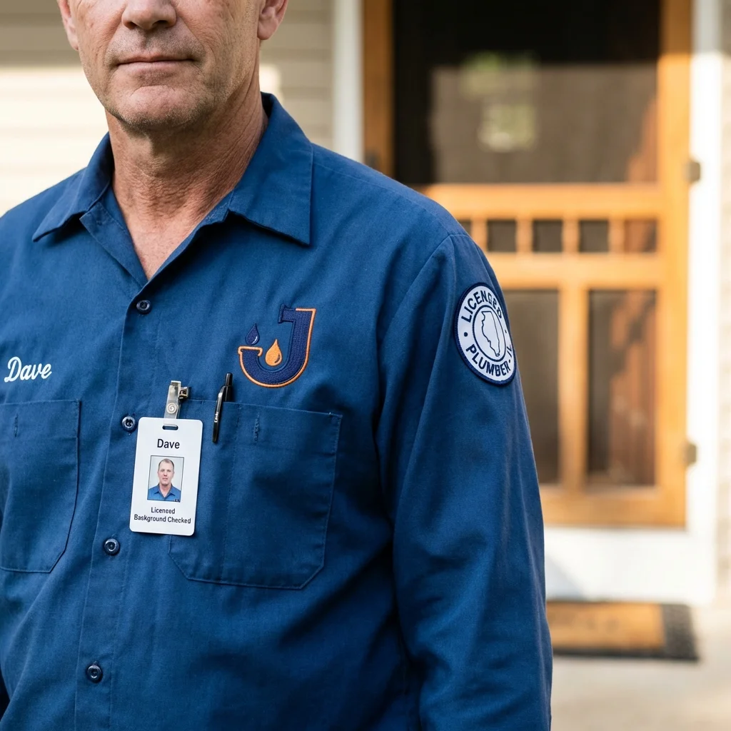 Licensed plumber showing ID badge in Flower Mound, TX