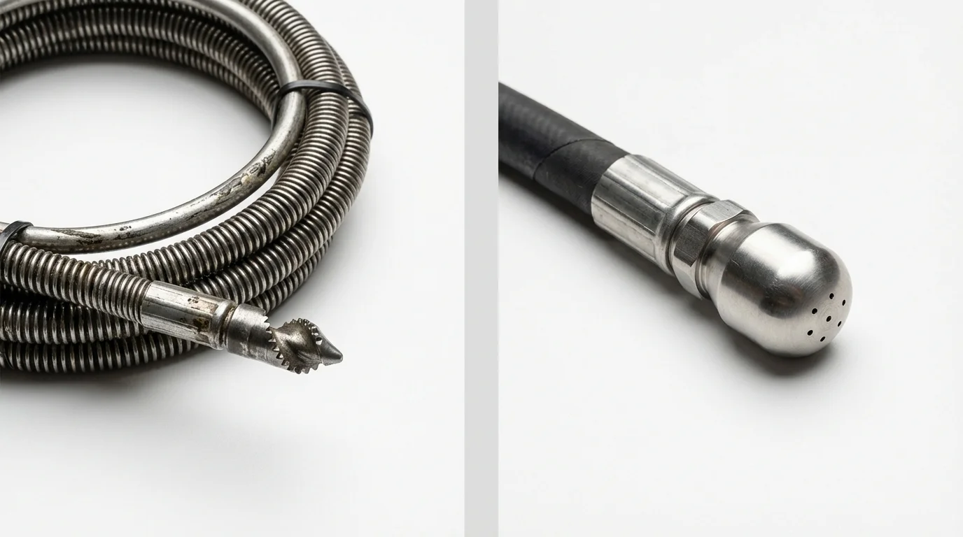 Drain snake cable and hydro jetting nozzle used for drain cleaning in Flower Mound, TX