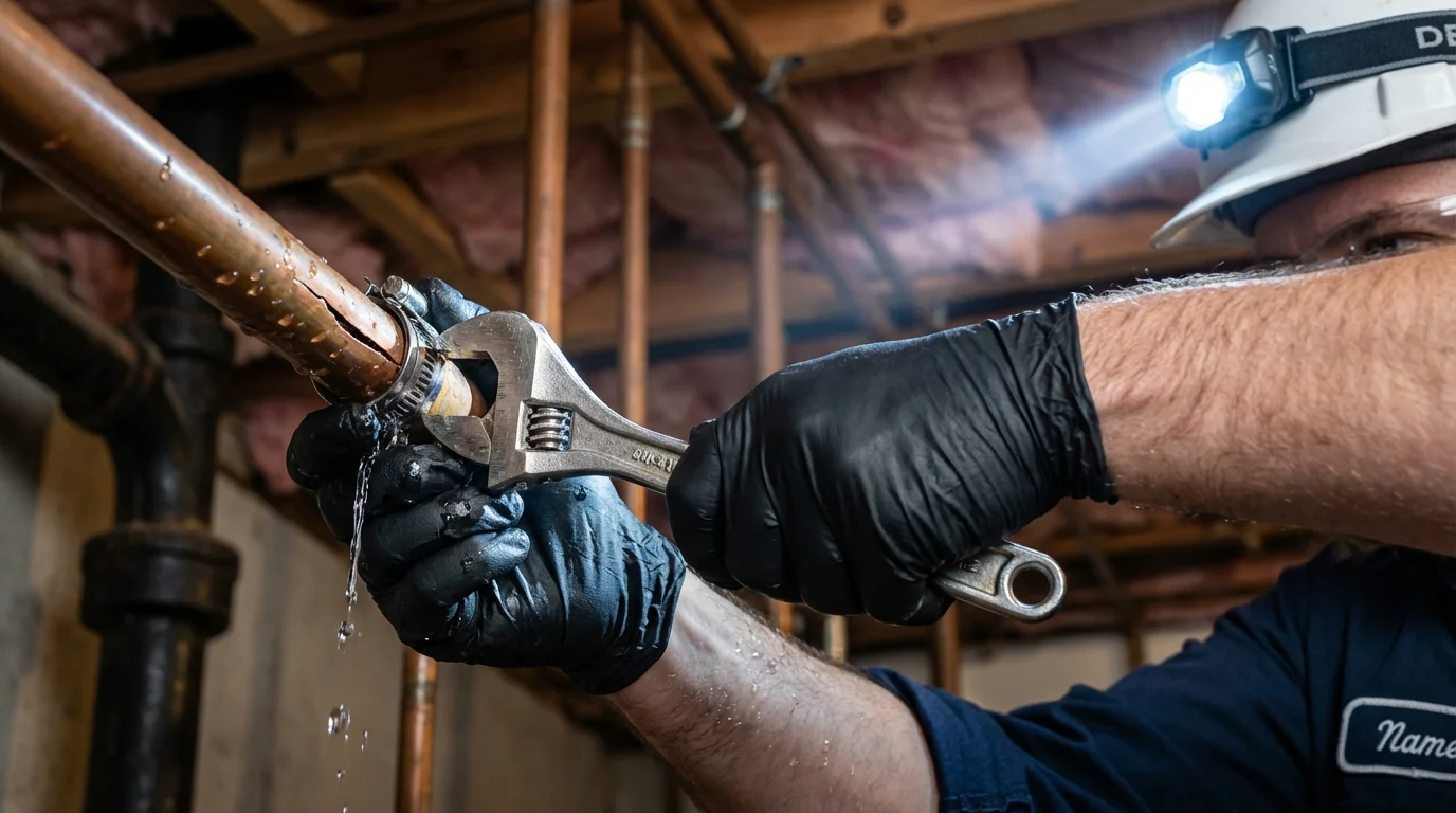Emergency pipe clamp repair being performed by a Johns Plumbing LLC plumber in Flower Mound