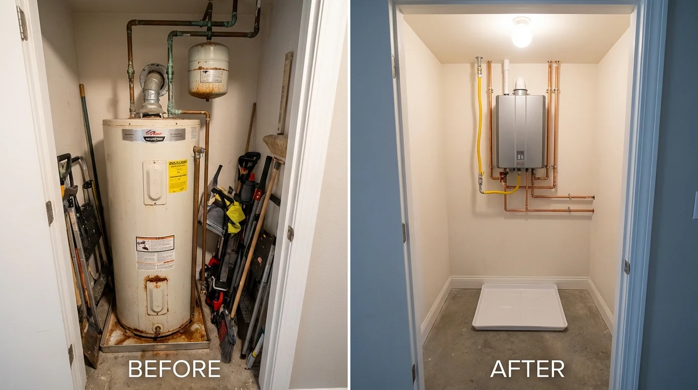 Tank water heater versus wall-mounted tankless unit comparison for Flower Mound, TX homeowners