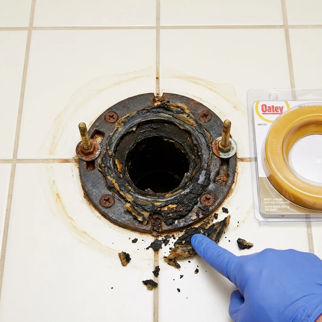 Failed wax ring showing water seepage at the base of a toilet in a Flower Mound, TX home