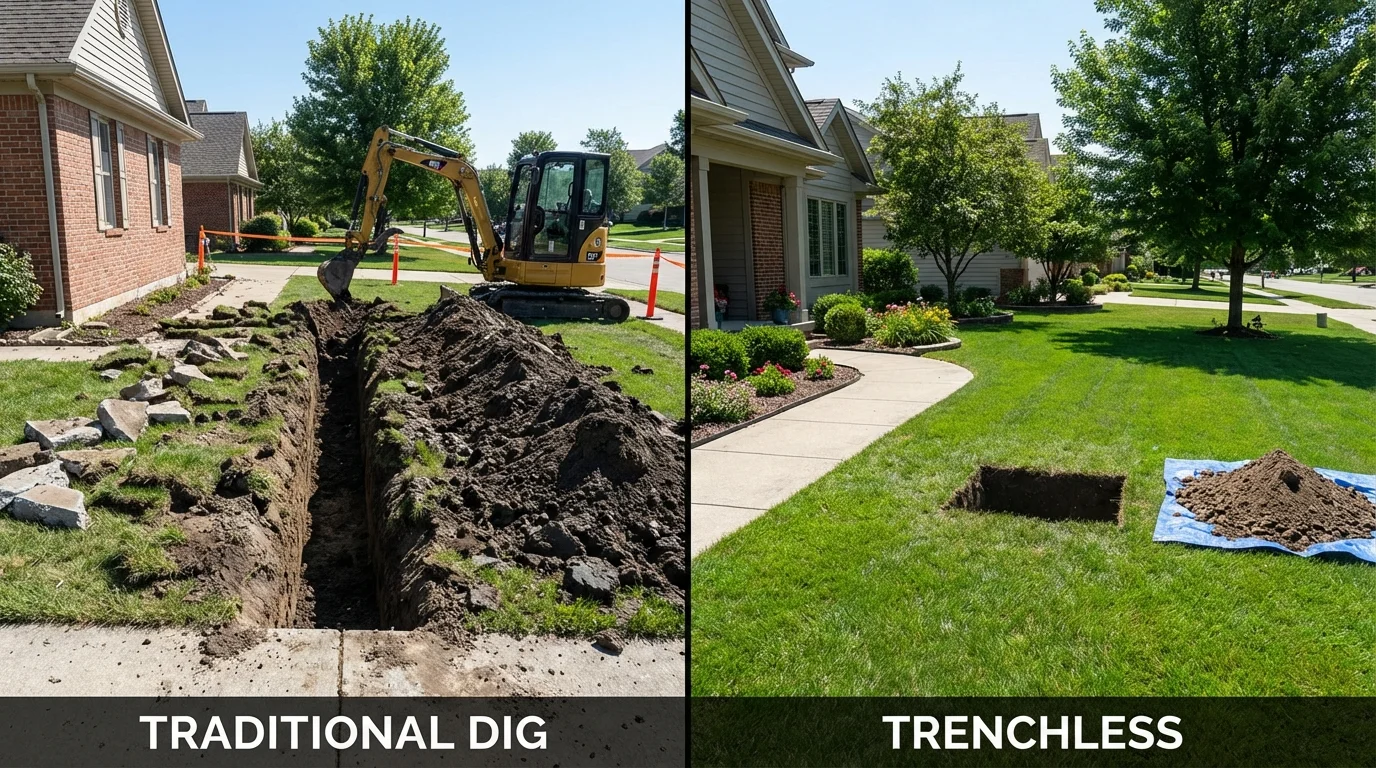 Trenchless sewer repair with minimal yard damage versus traditional excavation in Flower Mound, TX