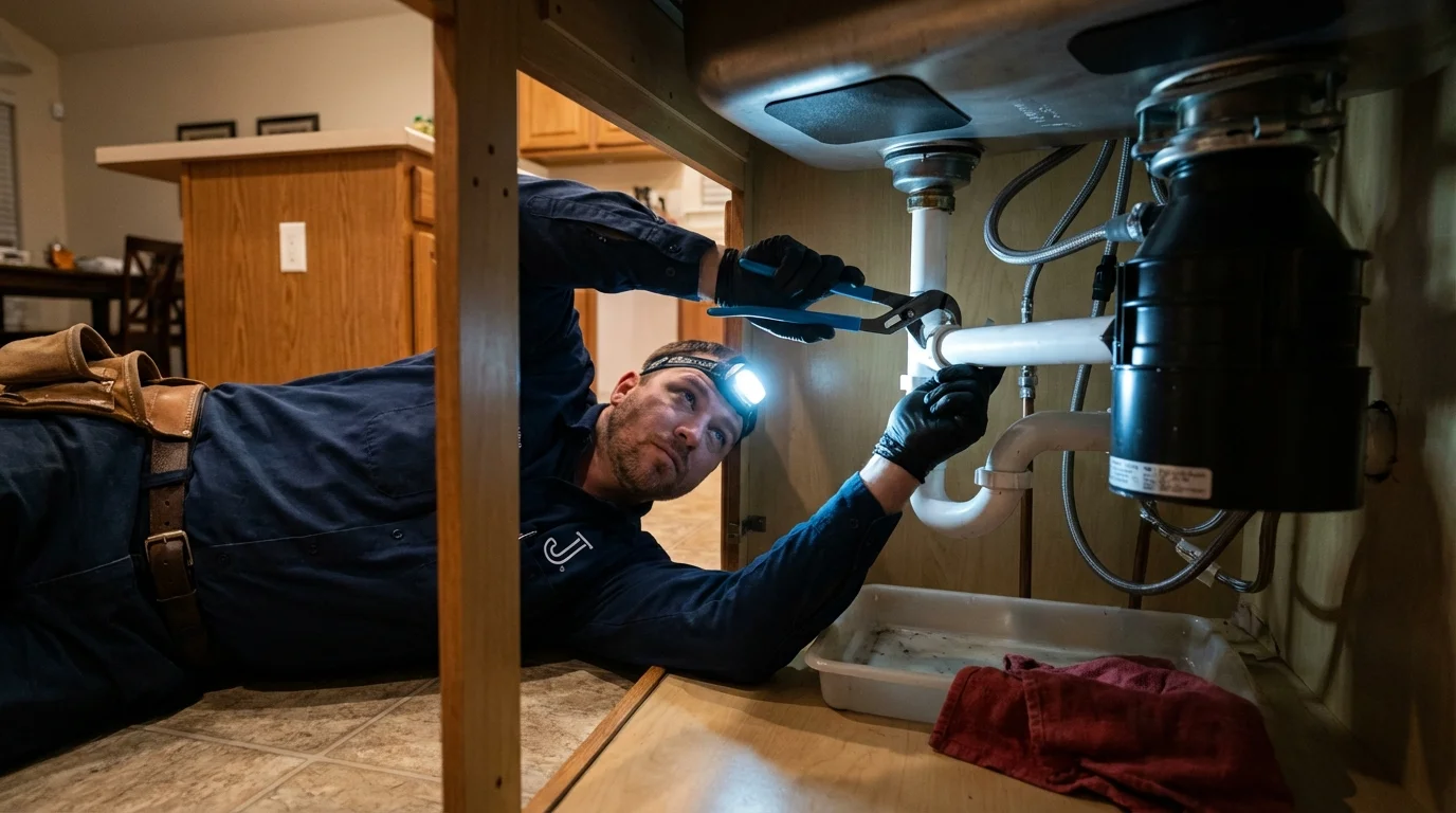 P-trap and supply line connections under a kitchen sink showing a common leak point in Flower Mound, TX